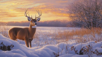 Majestic deer standing in snowy landscape at sunset nature photography winter scene tranquil setting wildlife concept