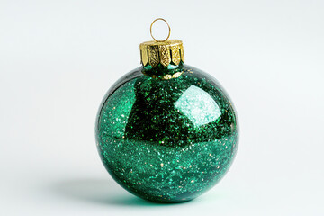 Green Christmas ball ornament with gold glitter, hanging from glittering tree branches, reflecting twinkling lights in the background.