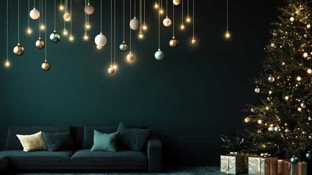 A modern living room with dark teal walls, glowing softly with pastel-colored fairy lights hanging along the ceiling. The Christmas decorations are elegant with matte gold ornaments .