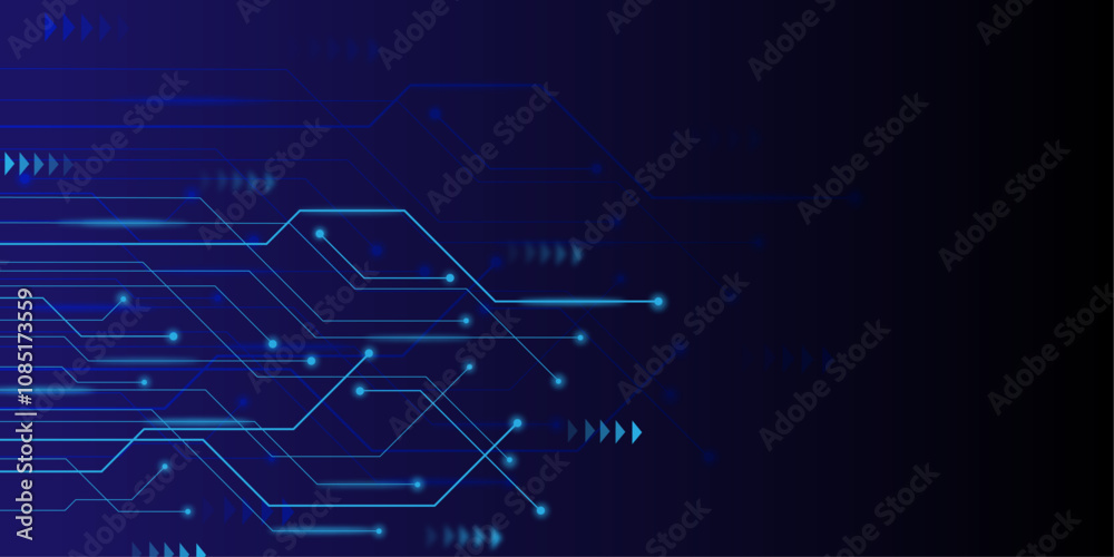 Poster abstract technology background. ai circuit board with electronics elements in electric blue on tech 