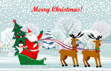 Merry Christmas and Happy New Year. Santa Claus is rides reindeer sleigh with a sack of gifts in Christmas snow scene.  Vector illustration Greeting card poster horizontal banner