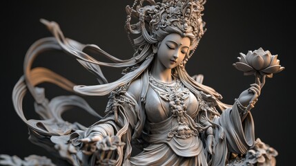 Divine Guanyin with lotus, soft light accentuating her lifelike features, robes flowing in detail