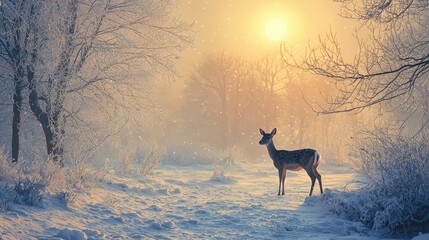 Winter scene with a deer in a snowy landscape natural environment at sunrise serene viewpoint wildlife concept
