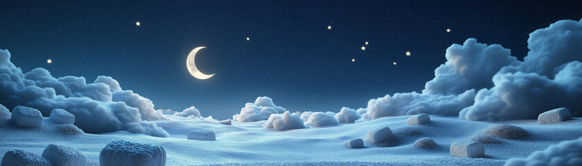 Naklejka premium Serene night sky made of marshmallows, with a moon and stars, creating a dreamy Christmas atmosphere