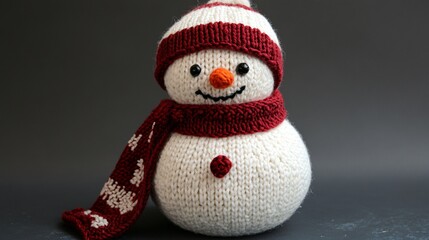 Fototapeta premium A cheerful knitted snowman wearing a red scarf and hat, perfect for cozy winter decorations or holiday festivities.