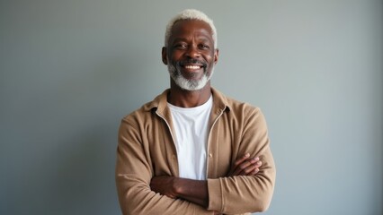 A senior black afro man with gray hair and a beard stands against a gray wall, smiling confidently with his arms crossed, dressed casually for a relaxed atmosphere