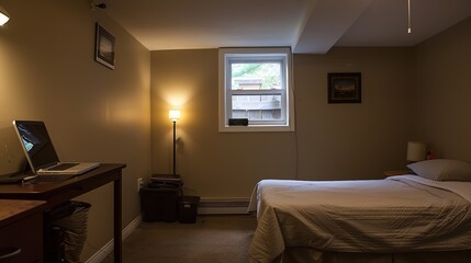 Fototapeta premium Cozy basement apartment with small window, comfortable bed, and simple wooden desk featuring a laptop. Minimalist decor highlights simplicity and functionality in a warm, inviting space.