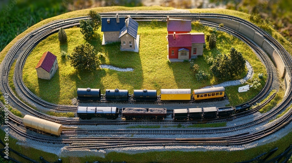 Poster neatly placed model train set in a quiet backyard, train tracks and model buildings carefully arrang