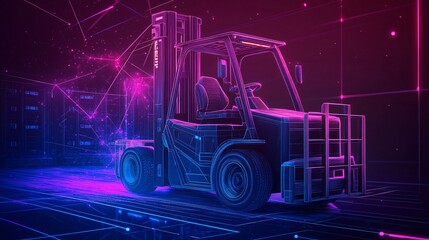 A digital rendering of a forklift, illuminated with neon colors and geometric patterns, showcasing a futuristic, tech-inspired aesthetic.