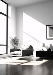 A serene black and white photograph of a minimal home interior, featuring simple, clean lines and a peaceful atmosphere.

