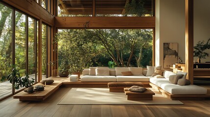 Fototapeta premium Modern living room with large windows and natural elements.