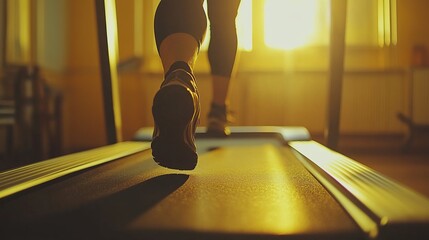 A person running on a treadmill during sunset, emphasizing fitness and exercise.