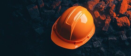Orange Hard Hat on Dark Rocks  Construction Safety