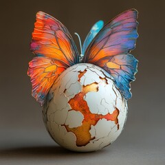 A decorative egg with vibrant butterfly wings, symbolizing transformation and beauty.
