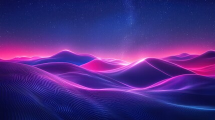 Gradient glowing waves flow across a desert landscape with towering dunes under a starlit sky. The abstract motion contrasts with the stillness of the environment, creating a surreal desert 