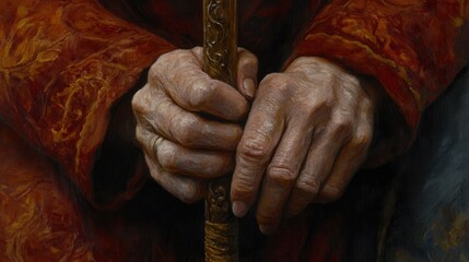 Elderly hands holding a walking cane, symbolizing the grace and resilience of old age, lifelike wrinkles