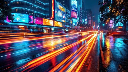 Obraz premium A dynamic cityscape with glowing holographic advertisements and gradient waves of light weaving through the streets. The vibrant urban scene captures the energy of a futuristic metropolis 