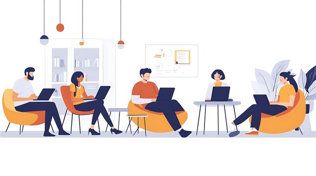 Illustration of a collaborative workspace featuring comfortable seating and a casual atmosphere 