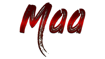 3D blood red Hindi word design of Maa on white background.