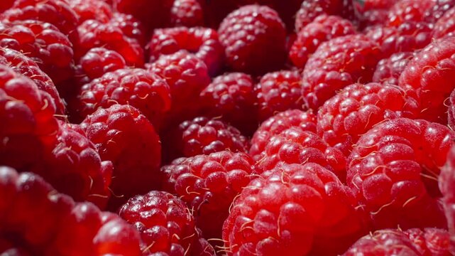 Plump raspberries glisten, showcasing rich red color and enticing aroma. Vibrant raspberries freshly picked. Ripe juicy raspberry. Healthy organic food. Dolly shot using macro lens. Close-up in 4K