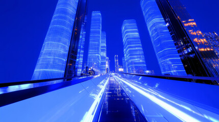 Fototapeta premium 3D futuristic cityscape skyscrapers with neon lights and holographic road blue background. glossy glass texture reflection technology urban landscape wallpaper
