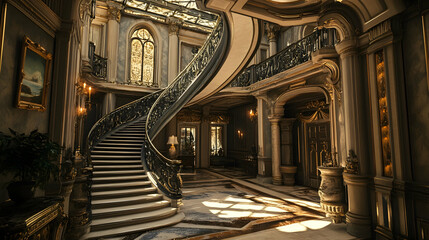 Elegant Grand Staircase in a Luxurious Mansion 3D Illustration
