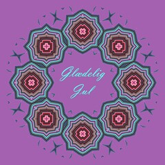 illustration circulaire  avec souhait de Noël multicolore composée de 8 motifs sur fond lilas  