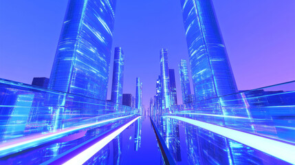 3D futuristic cityscape skyscrapers with neon lights and holographic road blue background. glossy glass texture reflection technology urban landscape wallpaper
