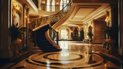 Grand Entrance with Curved Staircase 3D Illustration