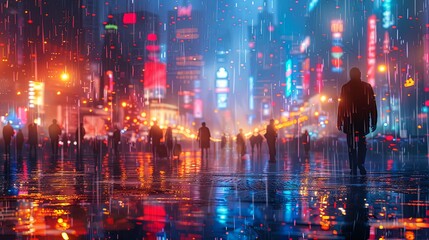 Fototapeta premium Busy downtown scene with neon lights and nightlife activity