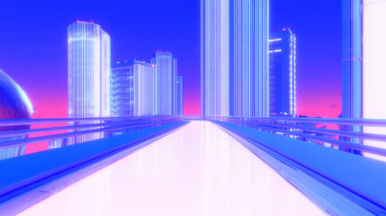 Obraz premium 3D futuristic cityscape skyscrapers with neon lights and holographic road blue background. glossy glass texture reflection technology urban landscape wallpaper