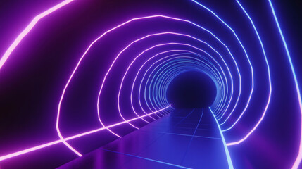 Naklejka premium 3D abstract neon light trail technology virtual reality corridor tunnel background. cyberpunk futuristic fashion vibrant line and shape geometric blue purple glow dark club bar concert wallpaper