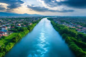 River panorama with a coastal view featuring sandy shores and a vibrant Mediterranean landscape in summer
