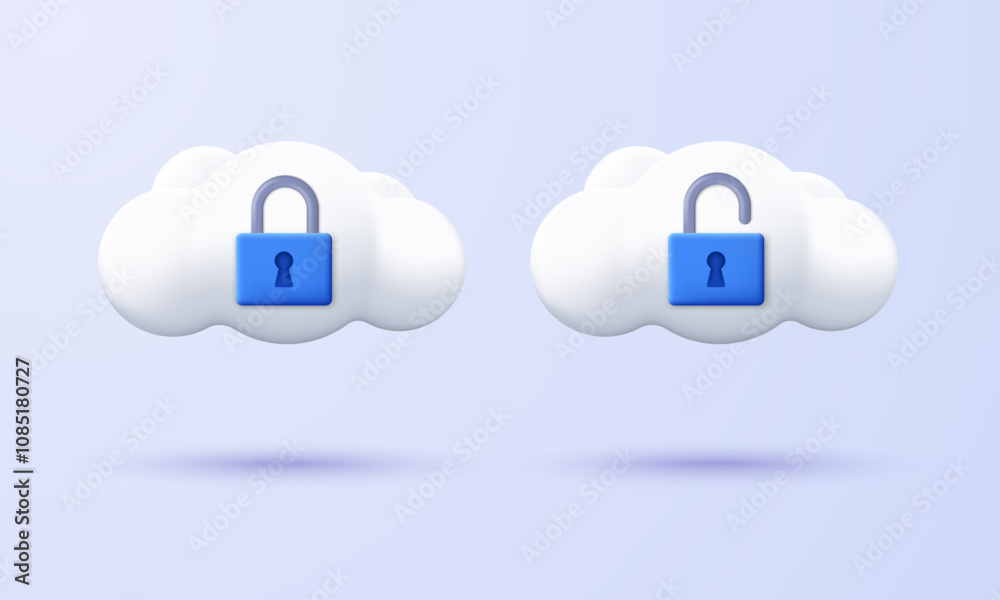 Aufkleber 3D secure cloud server icon. Cloud server with a padlock. Lock and unlock. 3D design of Data Center and data protection. 3D concept of Cybersecurity technology, vector illustration.