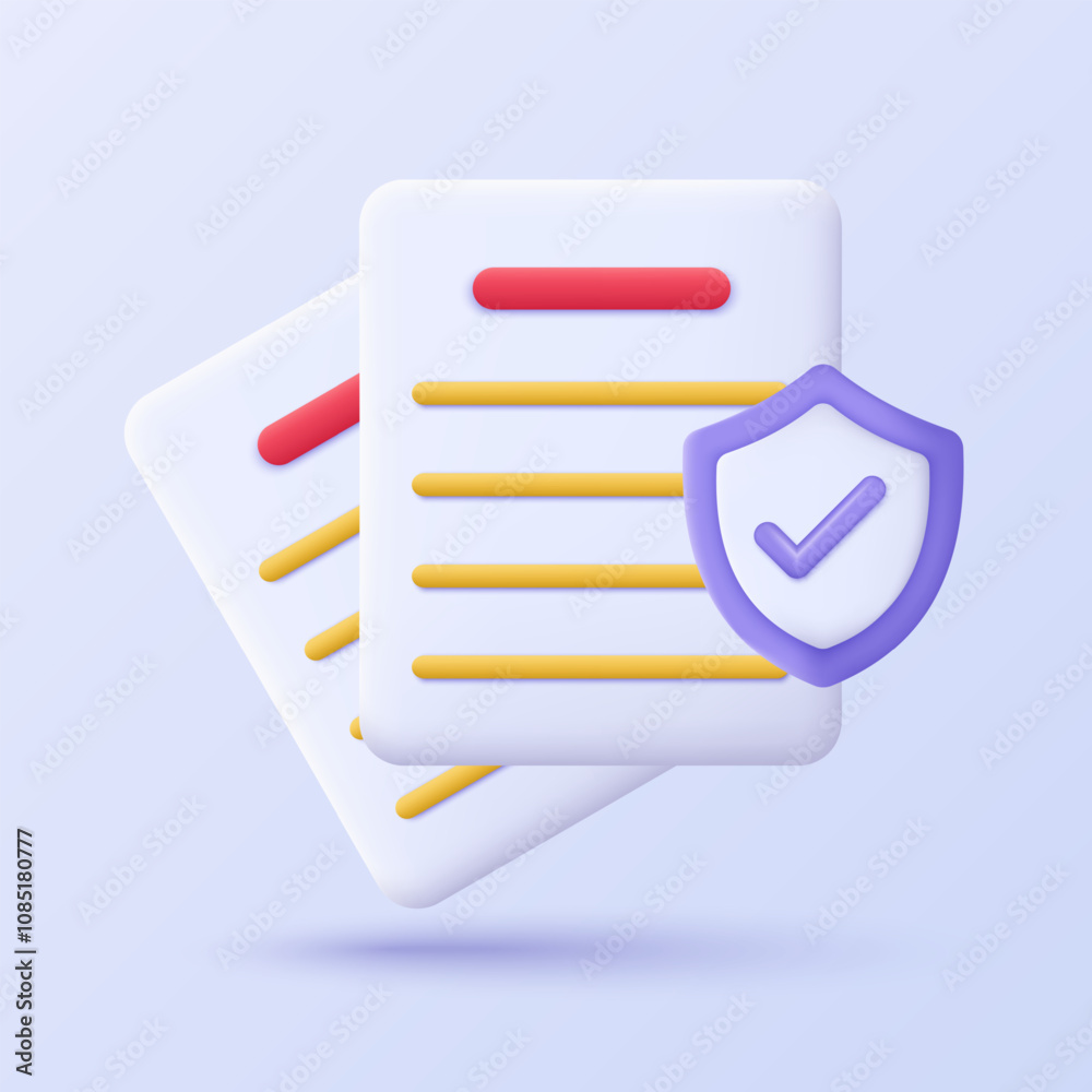 Aufkleber 3D secure data icon. Document with a shield icon. 3D design of Data and privacy protection. 3D concept of Cybersecurity technology, vector illustration.