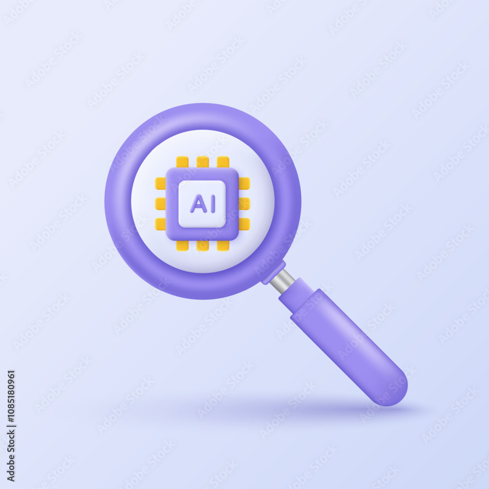 Leinwandbilder 3D AI-search icon. A magnifying glass with AI chip processor.  3D design of Searching or finding and analysis by Machine learning. Artificial intelligence technology.  Vector illustration.