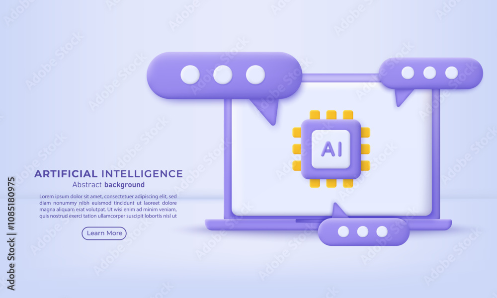 Aufkleber Chatbot assistant application. 3D Artificial intelligence technology concept design, Machine learning and generation by chip, AI chatbot service. Vector illustration for banner and web template.
