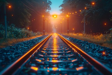 Mystical Railway at Dusk with Glowing Lights Among Enchanting Forest