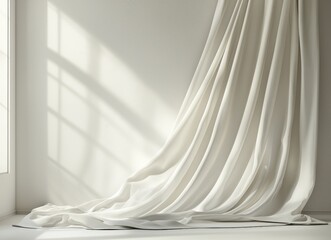 Elegant off-white curtain draped dramatically in a minimalist room, sunlit backdrop, perfect for product displays or design inspiration.