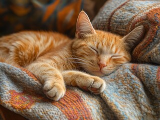 A peaceful orange cat sleeping comfortably on a cozy blanket, embodying warmth and tranquility in a home environment.