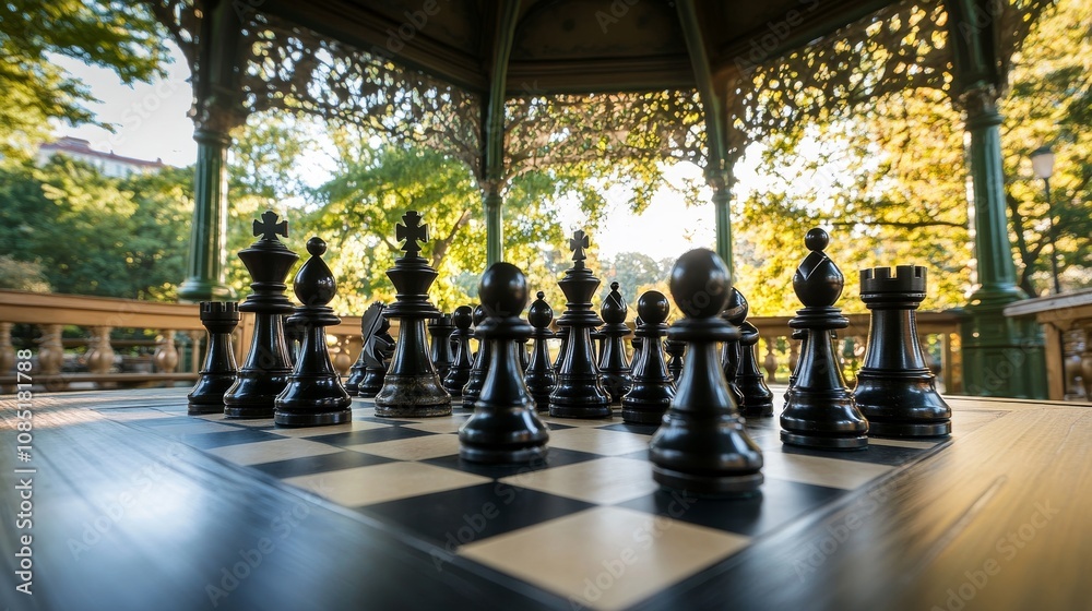 Poster Precisely arranged chess set in a quiet park gazebo, chess pieces and board set up on a table, Classical game style
