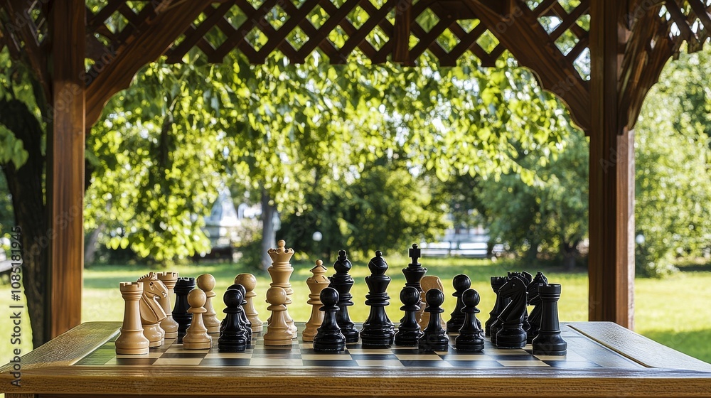 Poster Precisely arranged chess set in a quiet park gazebo, chess pieces and board set up on a table, Classical game style