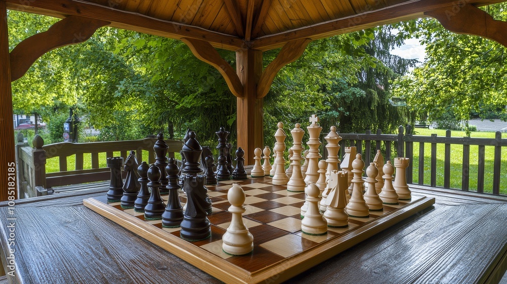 Poster Precisely arranged chess set in a quiet park gazebo, chess pieces and board set up on a table, Classical game style