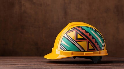 Yellow Hard Hat with Geometric Design on Wooden Surface
