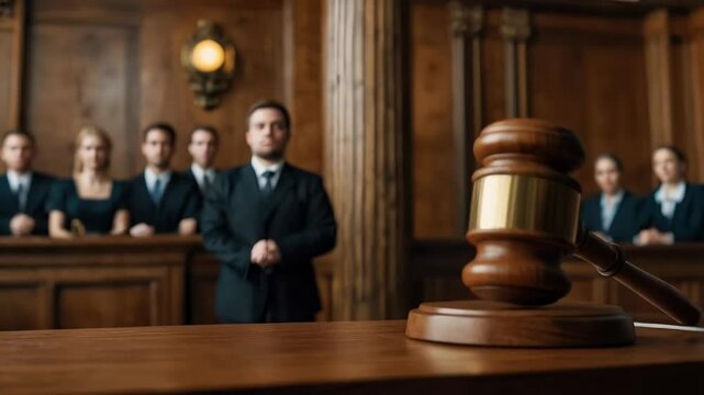 Wooden gavel resting on a table in a courtroom, with a blurred group of lawyers standing in the background, symbolizing justice, law, and legal proceedings