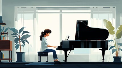 Child learning to play the piano with the help of a music teacher
