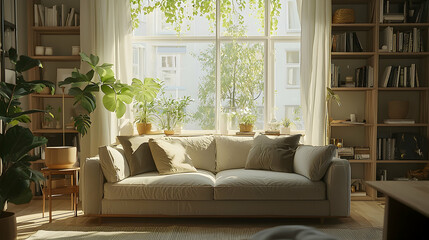 Cozy Living Room with Large Window, Couch, and Bookcases - Illustration
