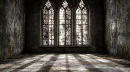 Fototapeta premium Elegant tall stained glass window in a vintage room, intricate patterns, sunlight streaming through, and ample copy space