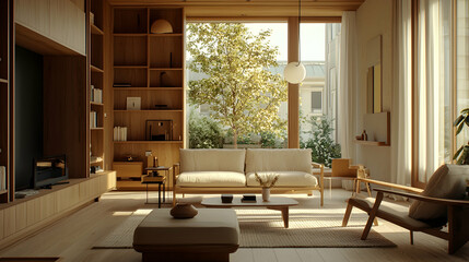 Living Room Interior Design with Wooden Accents and Natural Light 3D Illustration