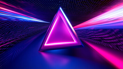 3D neon pink violet blue triangle float in the center abstract geometric cyberpunk futuristic background. geometric pattern vibrant fashion game technology holographic cool retro vibe wallpaper